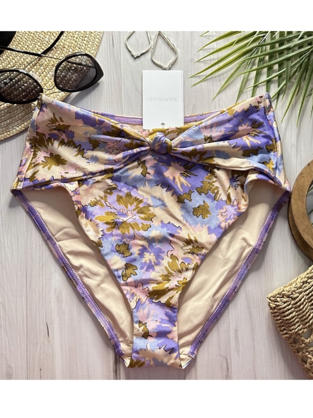 Zimmermann High Waisted Floral Knot Bikini Bottoms - Olive, Pink, Lilac - Picture 2 of 13